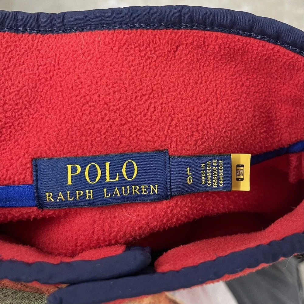 Polo Ralph Lauren Pullover Mens Large Red Fleece‎ Blue Pocket Snap Up Sweater